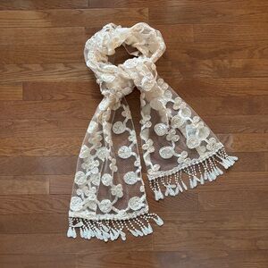 Cream Lace Scarf with Pointelle Hem and Embroidered Roses